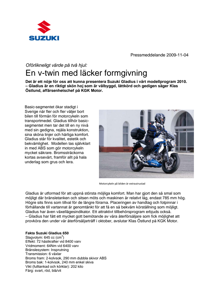 Nya Suzuki Gladius med v-twin och läcker formgivning