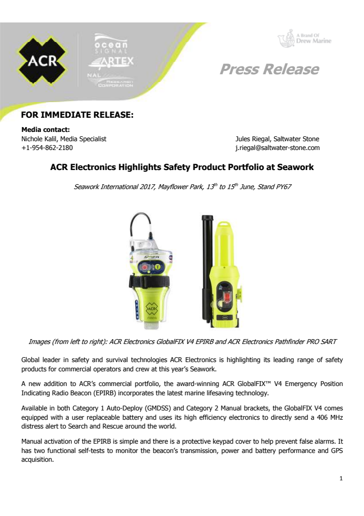 ACR Electronics Highlights Safety Product Portfolio at Seawork 