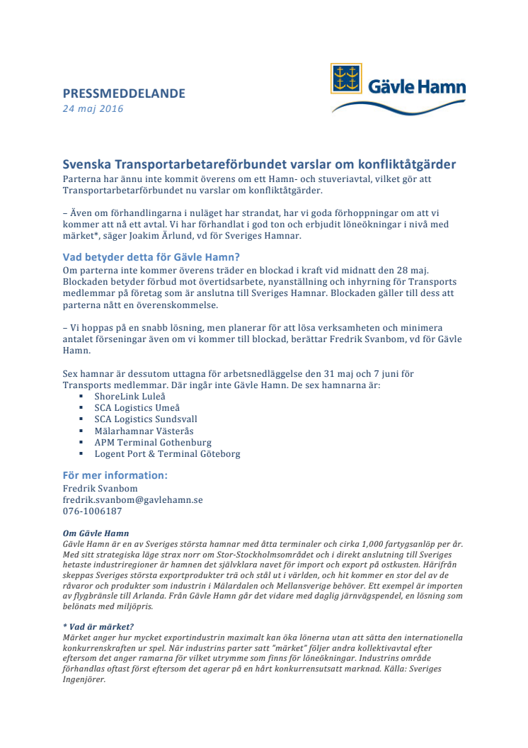 Svenska Transportarbetareförbundet varslar om konfliktåtgärder