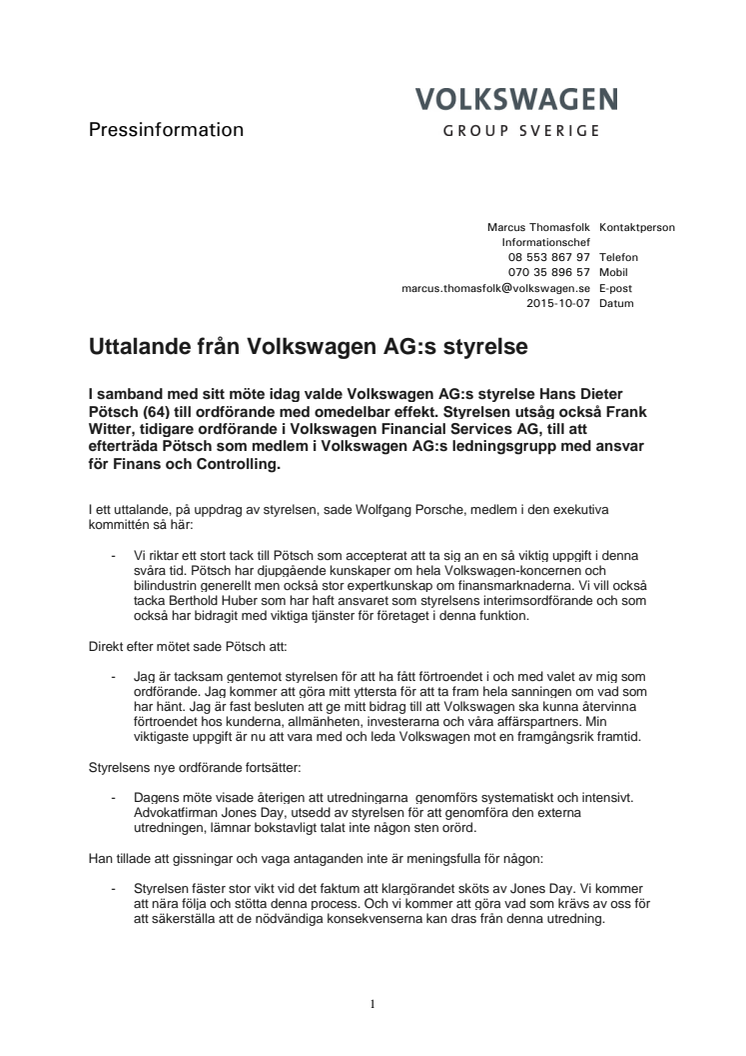 Uttalande från Volkswagen AG:s styrelse