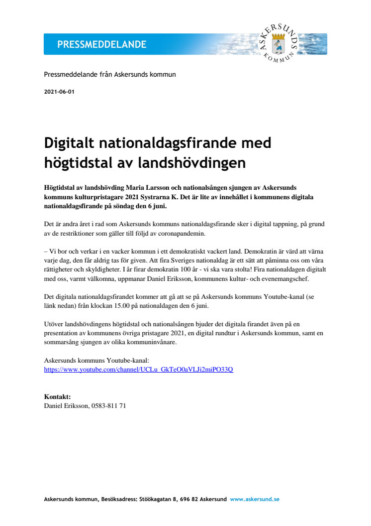 ​Digitalt nationaldagsfirande med högtidstal av landshövdingen