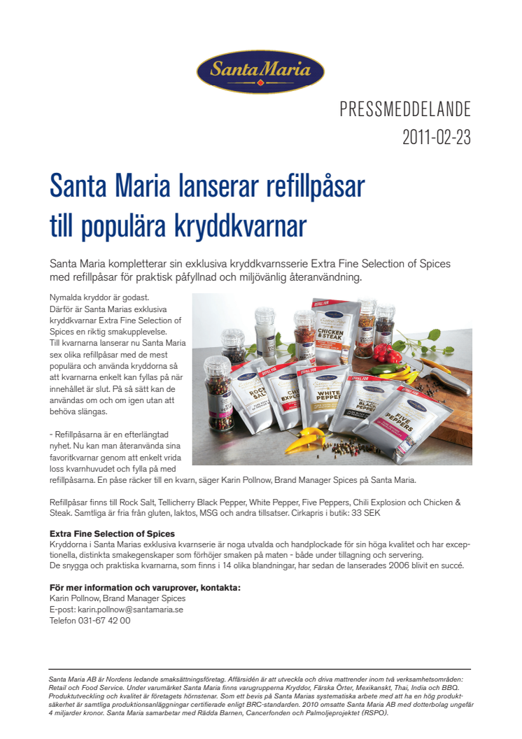 Santa Maria lanserar refillpåsar till populära kryddkvarnar 