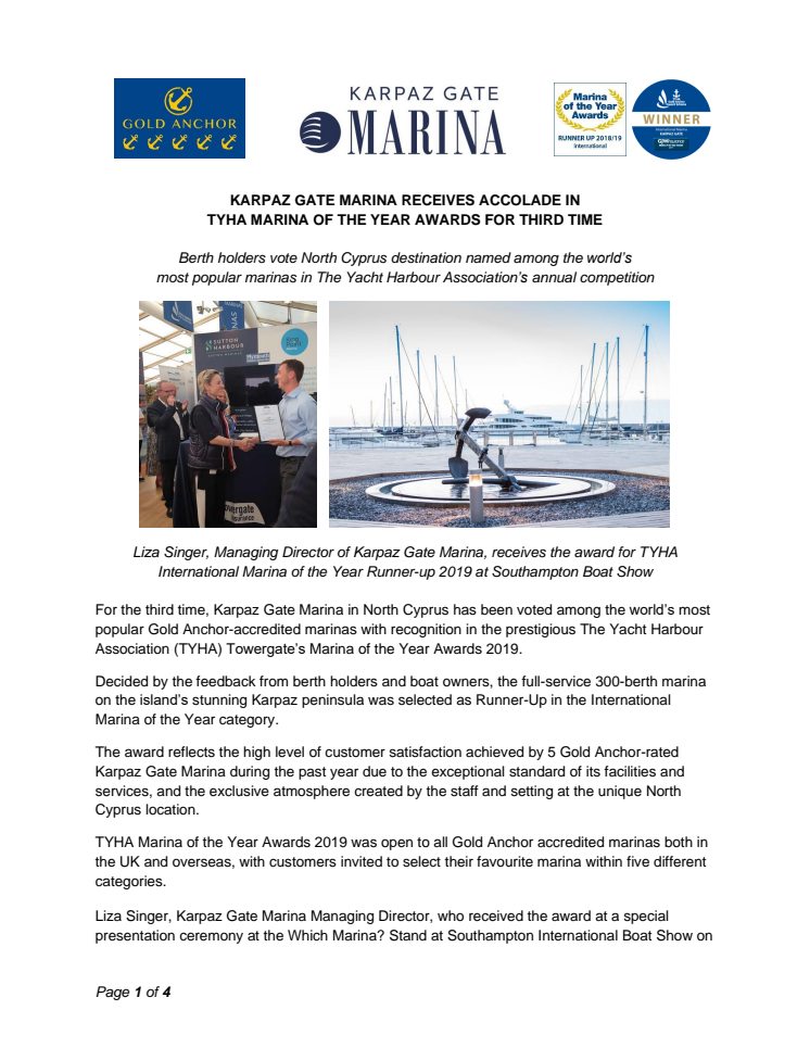 Karpaz Gate Marina Receives Accolade in TYHA Marina of the Year Awards for Third Time