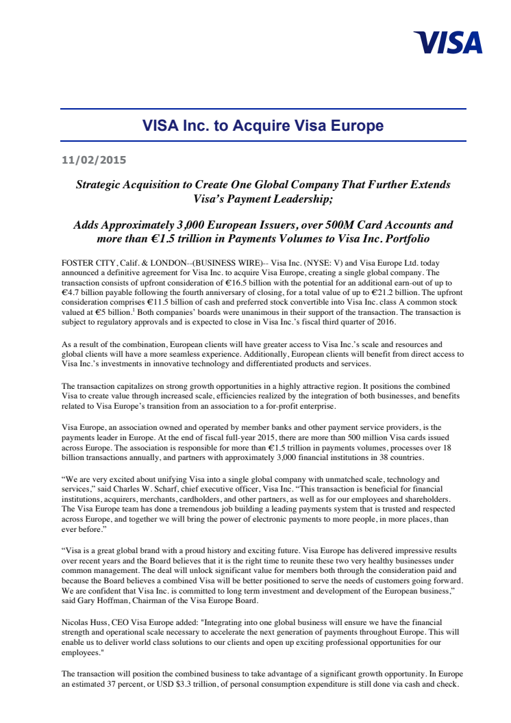 VISA Inc. to Acquire Visa Europe