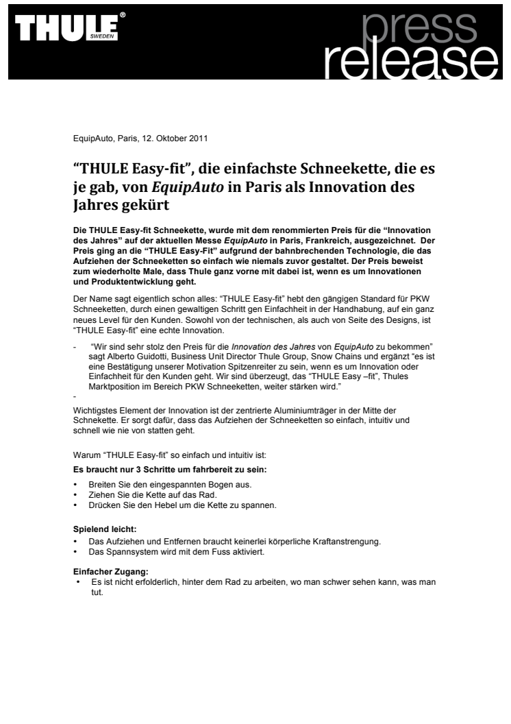 “THULE Easy-fit”, die einfachste Schneekette, die es je gab, von EquipAuto in Paris als Innovation des Jahres gekürt