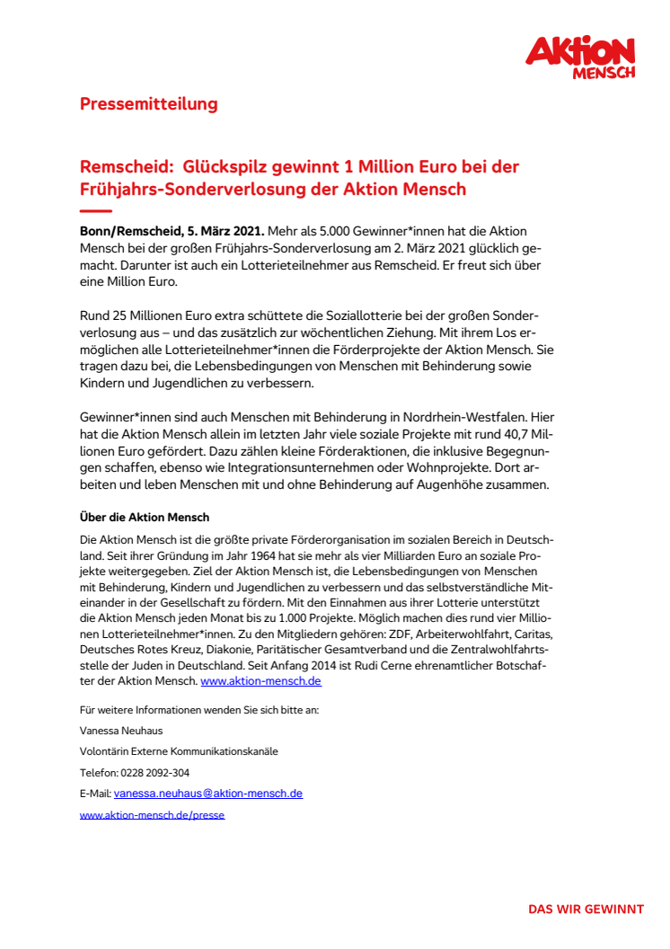 Remscheid:  Glückspilz gewinnt 1 Million Euro bei der Frühjahrs-Sonderverlosung der Aktion Mensch
