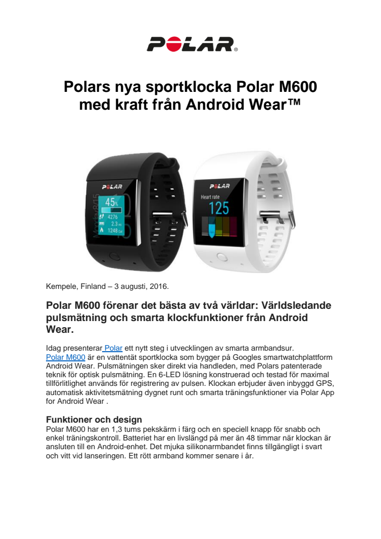Polars nya sportklocka Polar M600 med kraft från Android Wear™