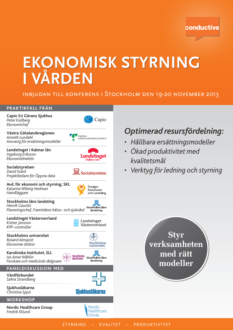 Ekonomisk styrning i vården, konferens i Stockholm 19-20 november 2013