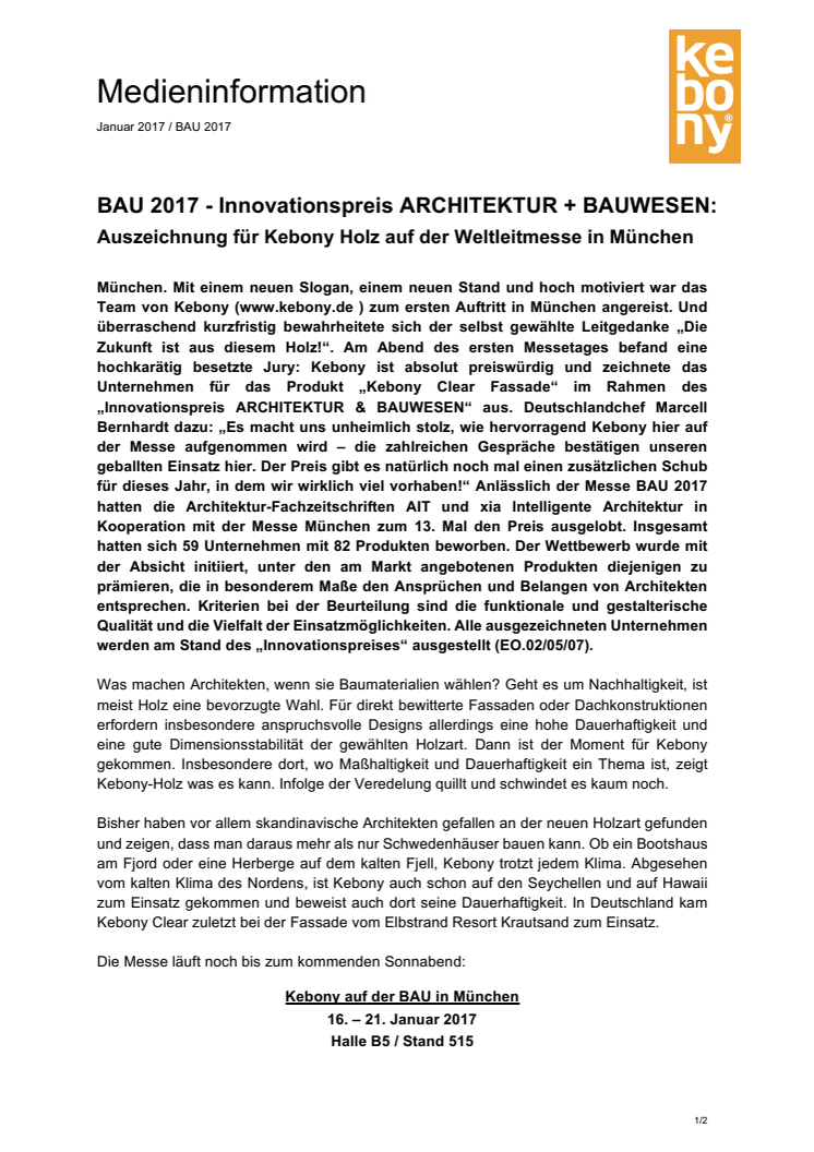 BAU 2017: Kebony wird im Rahmen des Innovationspreises ARCHITEKTUR + BAUWESEN ausgezeichnet 