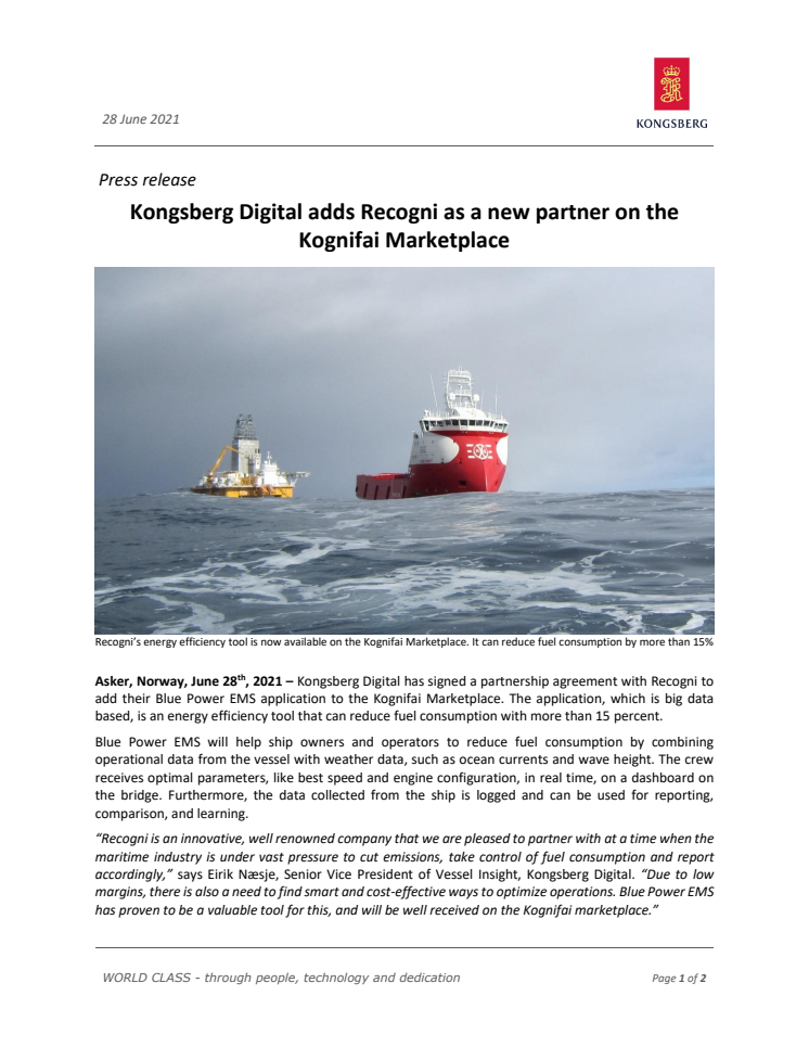 Kongsberg Digital adds Recogni as a new partner on the Kognifai Marketplace