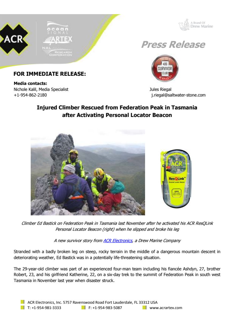 Injured Climber Rescued from Federation Peak in Tasmania after Activating Personal Locator Beacon