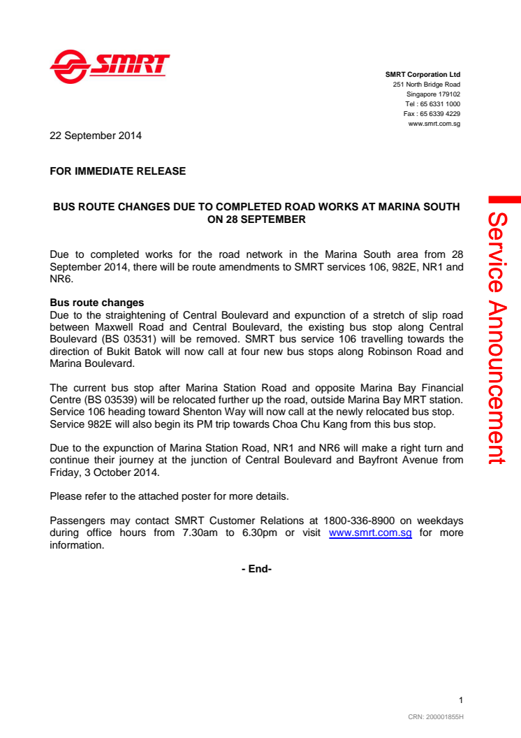 Bus Route Changes due to Completed Road Works at Marina South on 28 September 2014