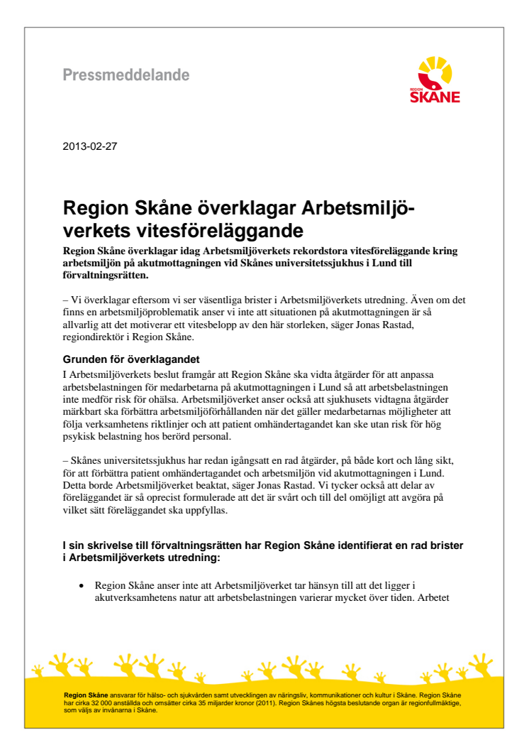 Region Skåne överklagar Arbetsmiljö-verkets vitesföreläggande 