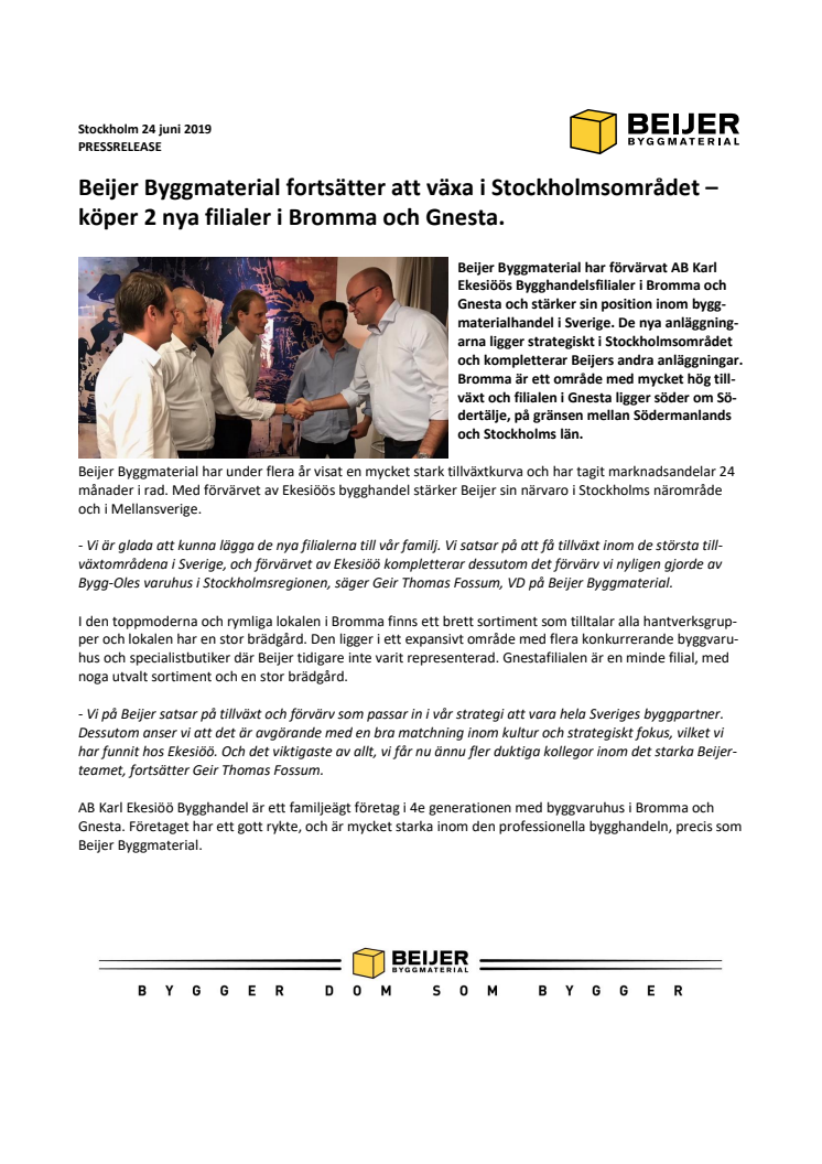 Beijer Byggmaterial fortsätter att växa i Stockholmsområdet – köper 2 nya filialer i Bromma och Gnesta.