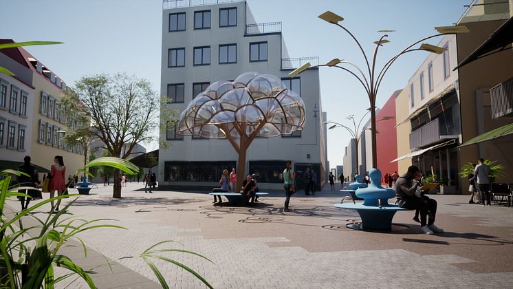 Förslag till ny gestaltning av Harry Hjörnes Plats vy mot Kungsportsplatsen-Kungsgatan ILLUSTRATION Bigert och Bergström, Göteborgs Stad