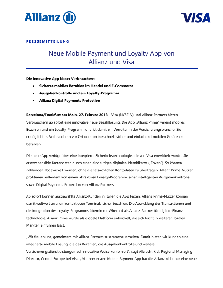 Neue Mobile Payment und Loyalty App von  Allianz und Visa