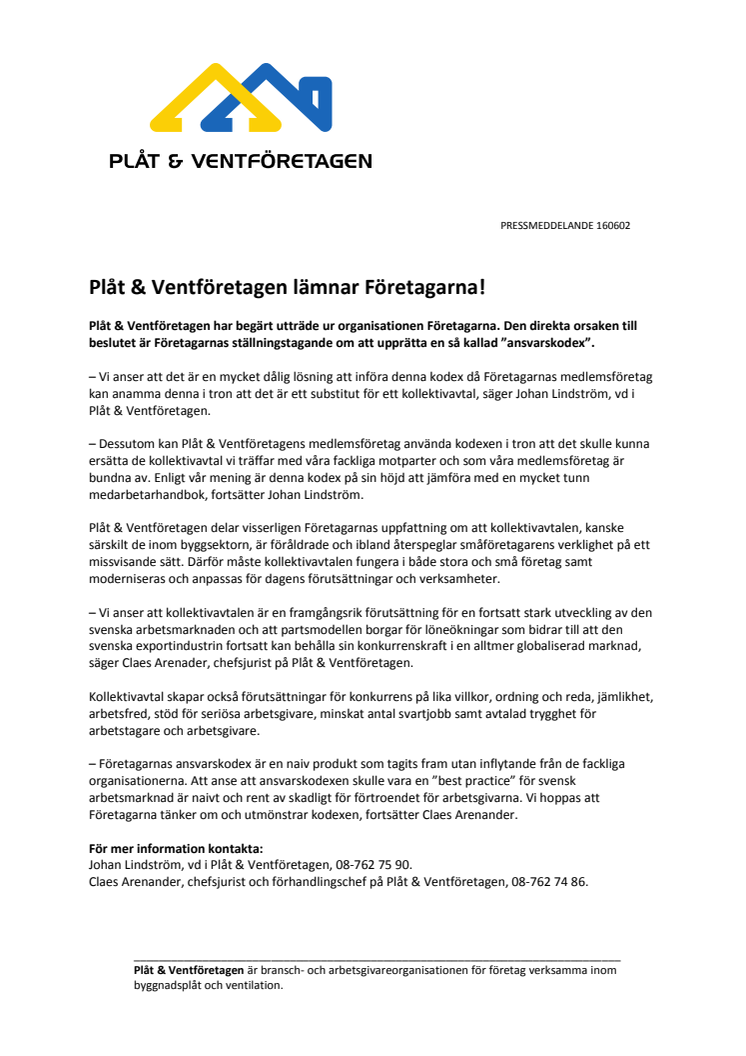 Plåt & Ventföretagen lämnar Företagarna!