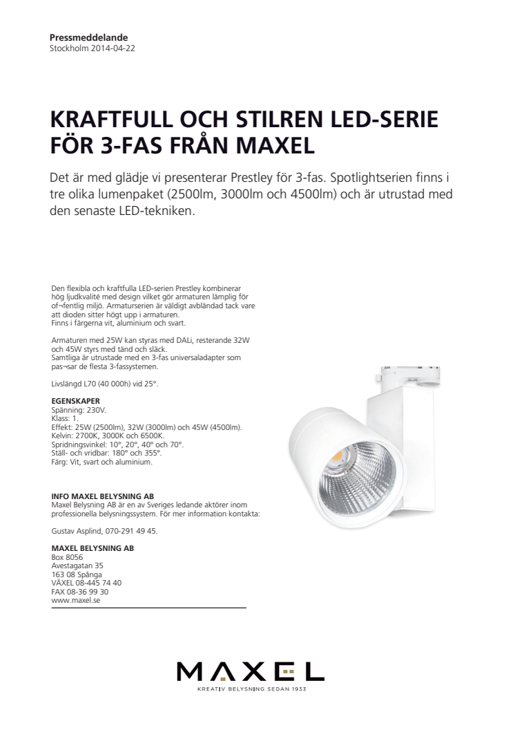 Kraftfull och stilren LED-serie för 3-fas från Maxel