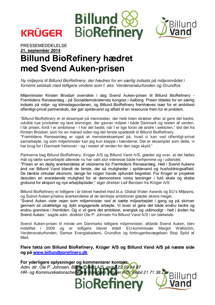 Billund BioRefinery hædret  med Svend Auken-prisen