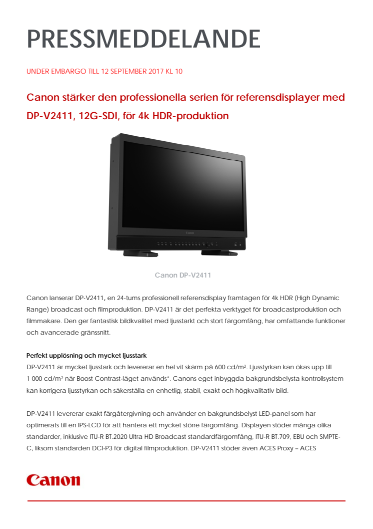 Canon stärker den professionella serien för referensdisplayer med DP-V2411, 12G-SDI, för 4k HDR-produktion 