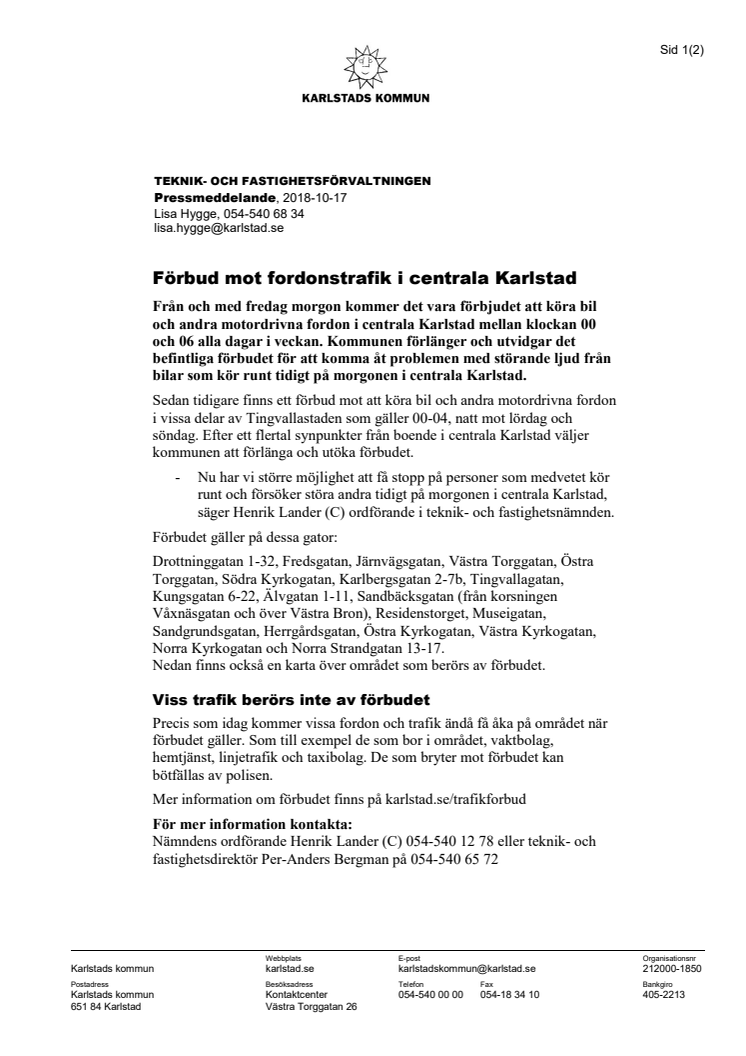 Förbud mot fordonstrafik i centrala Karlstad