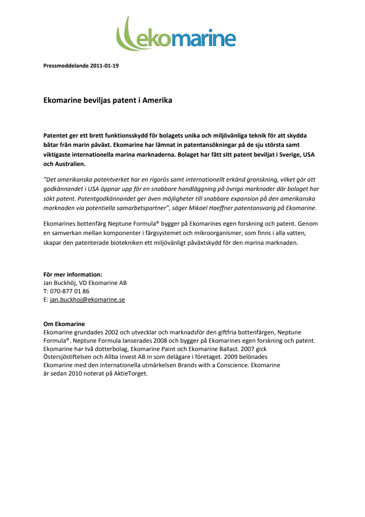 Ekomarine  beviljas  patent  i  Amerika 