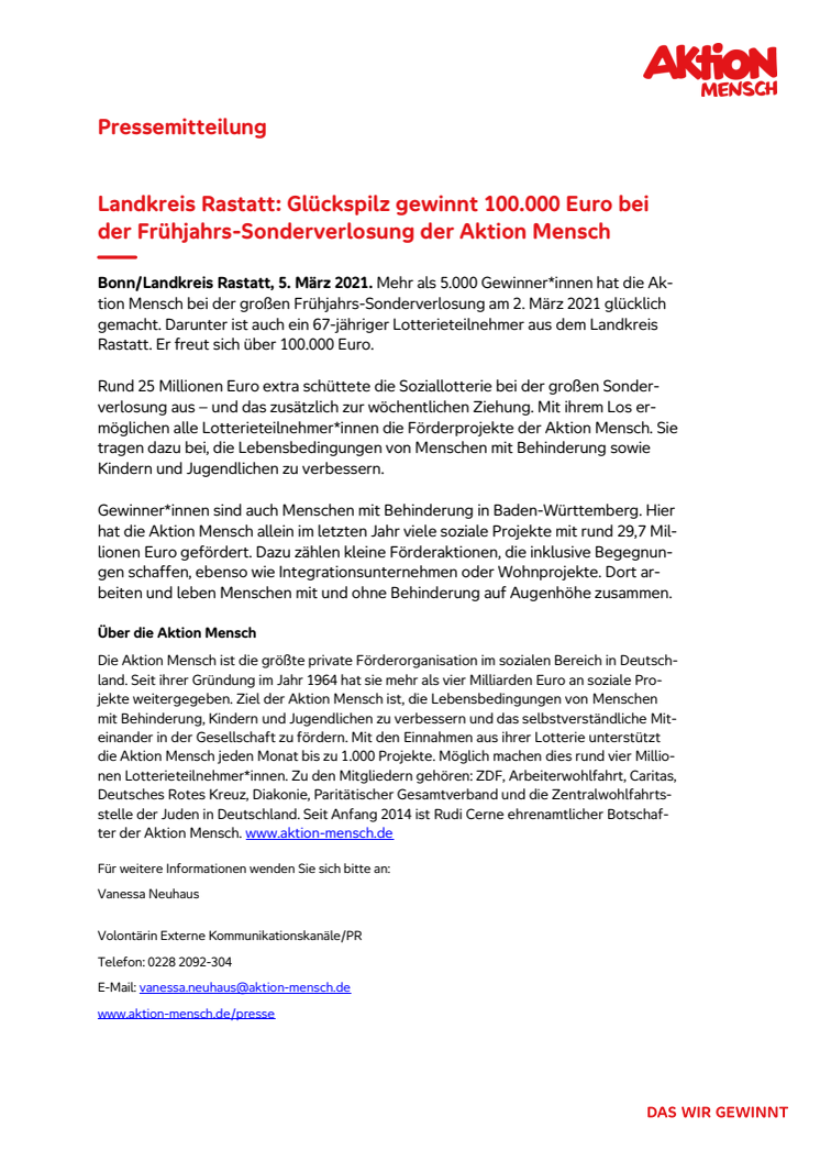 Landkreis Rastatt: Glückspilz gewinnt 100.000 Euro bei der Frühjahrs-Sonderverlosung der Aktion Mensch