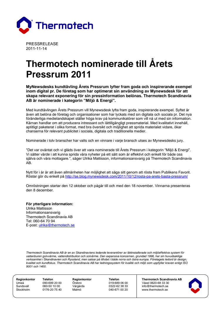 Thermotech nominerade till Årets Pressrum 2011