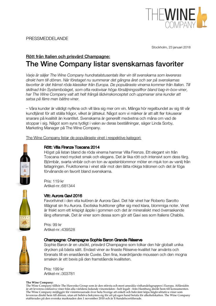 Rött från Italien och prisvärd Champagne:  The Wine Company listar svenskarnas favoriter