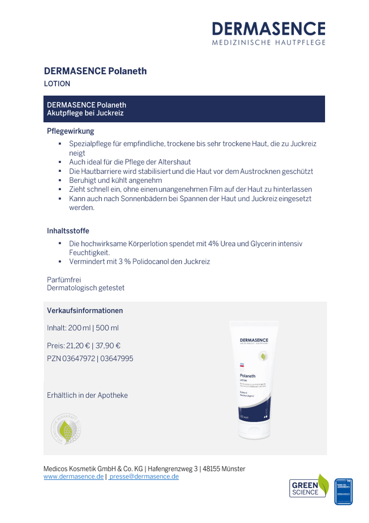 Factsheet DE: DERMASENCE Polaneth Lotion 200 ml - 500 ml