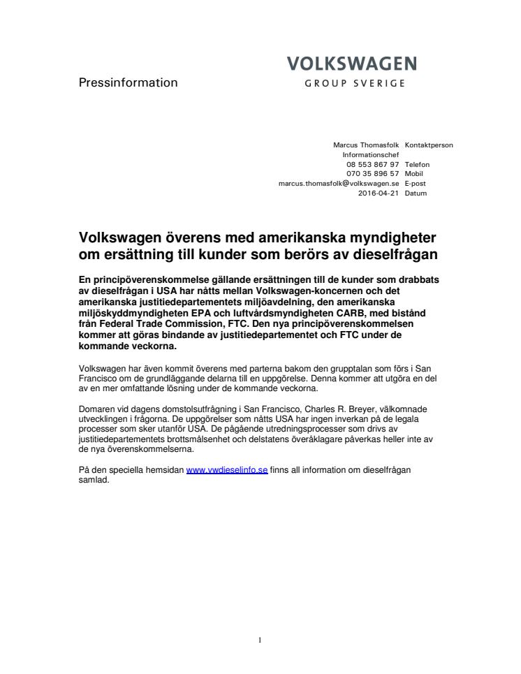 Volkswagen överens med amerikanska myndigheter om ersättning till kunder som berörs av dieselfrågan