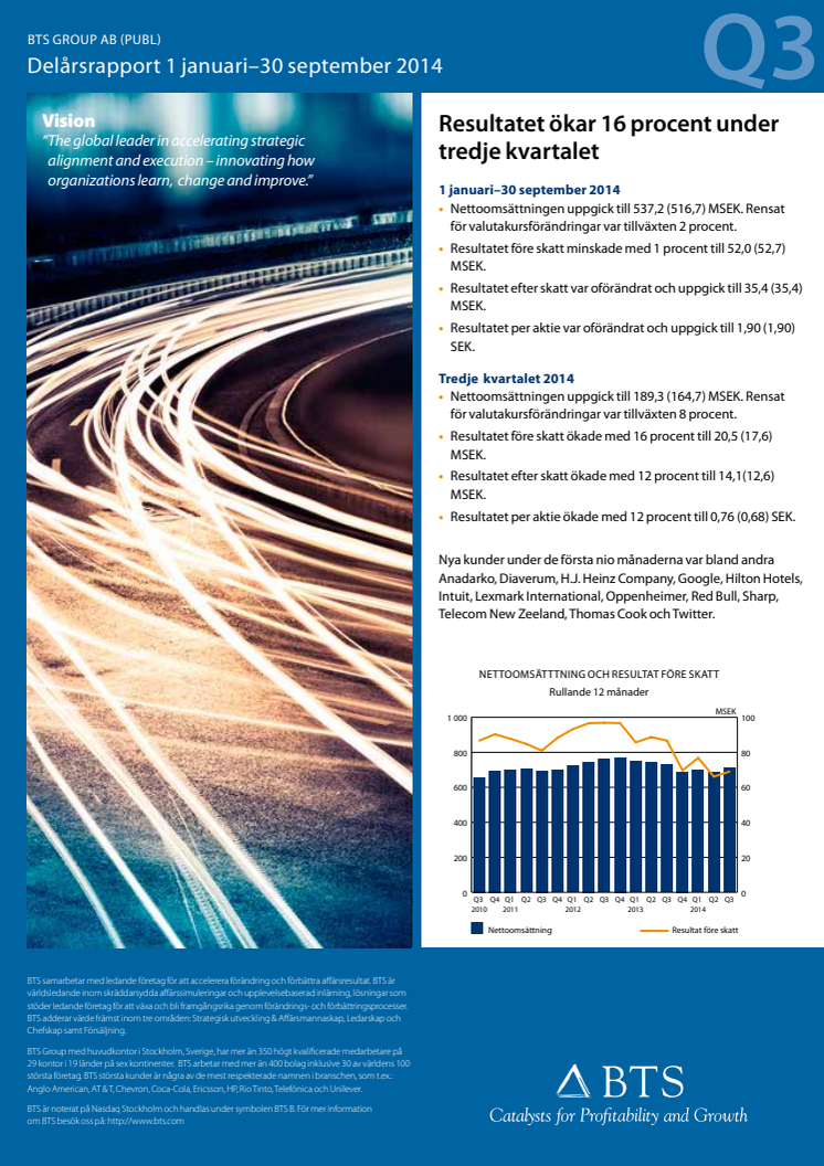 BTS Group AB (publ) 1 januari - 30 september 2014 kvartalsrapport