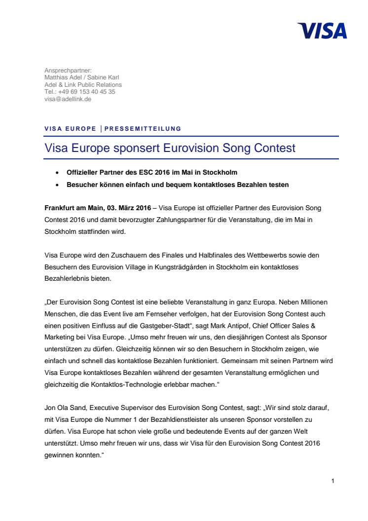 Visa Europe sponsert Eurovision Song Contest