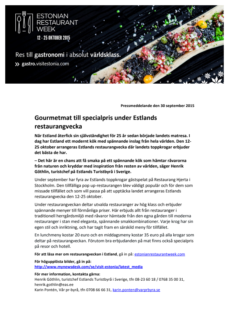 Gourmetmat till specialpris under Estlands restaurangvecka
