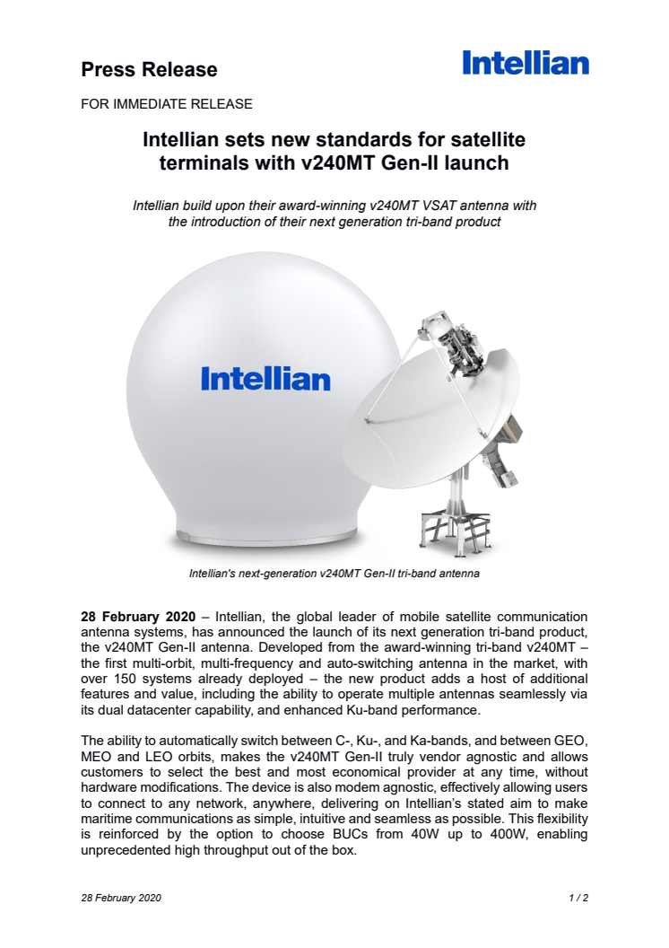 Intellian sets new standards for satellite terminals with v240MT Gen-II launch