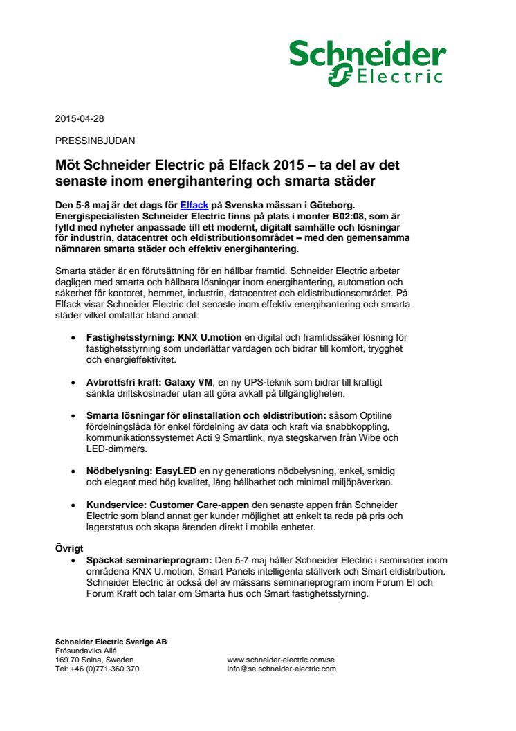 Möt Schneider Electric på Elfack 2015 – ta del av det senaste inom energihantering och smarta städer