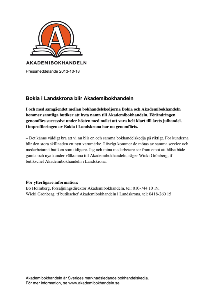 Bokia i Landskrona blir Akademibokhandeln 
