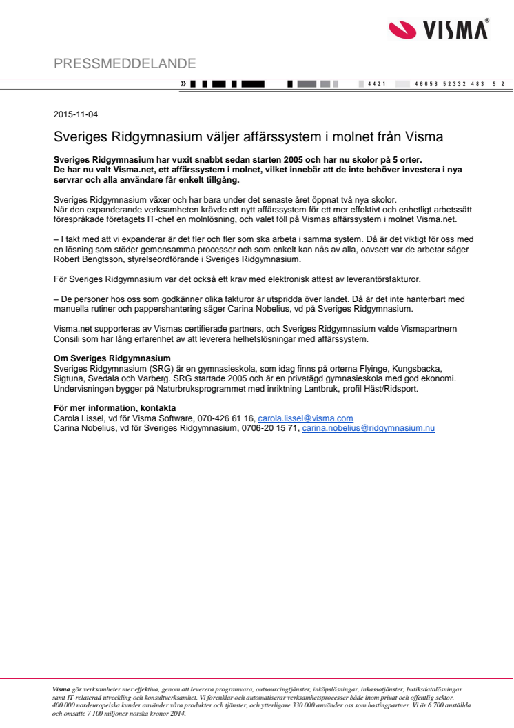 Sveriges Ridgymnasium väljer affärssystem i molnet från Visma