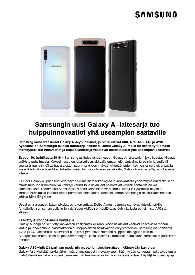 Samsungin uusi Galaxy A -laitesarja tuo huippuinnovaatiot yhä useampien saataville