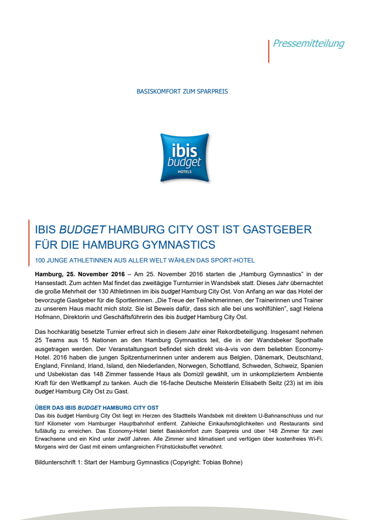 IBIS BUDGET HAMBURG CITY OST IST GASTGEBER FÜR DIE HAMBURG GYMNASTICS