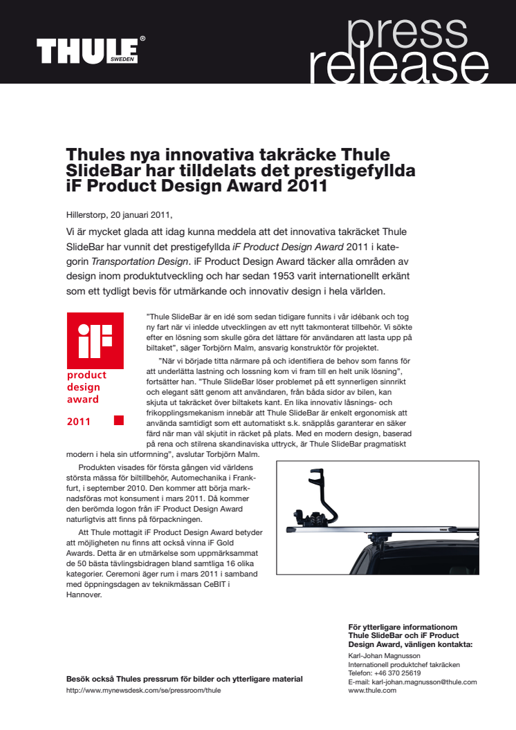 Thules innovativa takräcke Thule Slidebar har tilldelats det prestigefyllda iF Product Design Award 2011