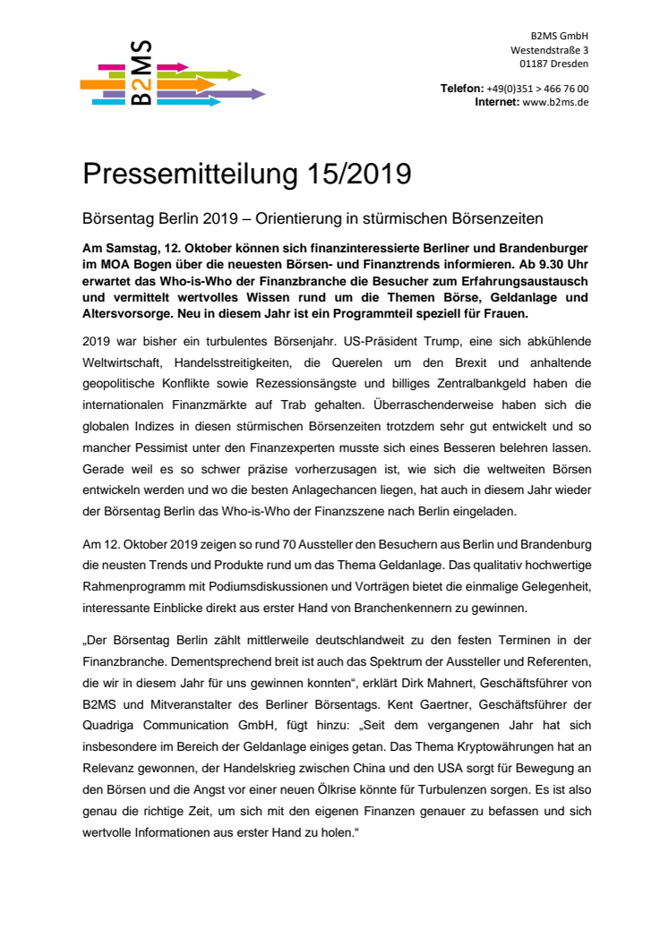 Orientierung in stürmischen Börsenzeiten - Börsentag Berlin am 12.10.2019