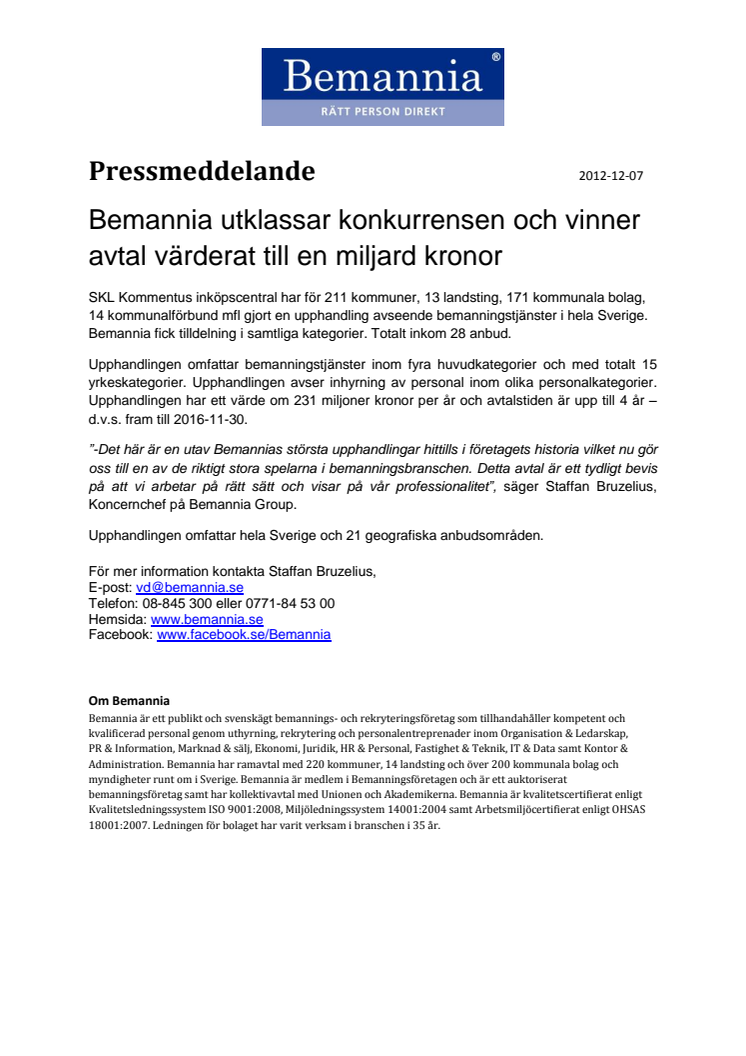 Bemannia utklassar konkurrensen och vinner avtal värderat till en miljard kronor