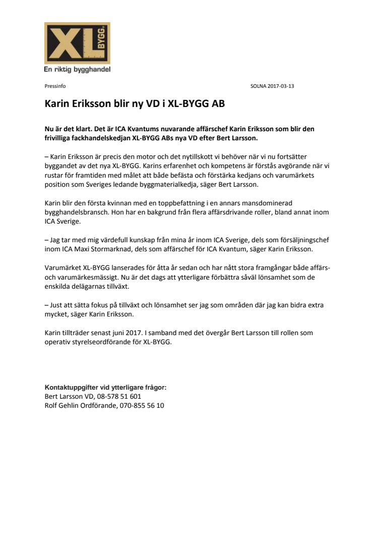 Karin Eriksson blir ny VD i XL-BYGG AB