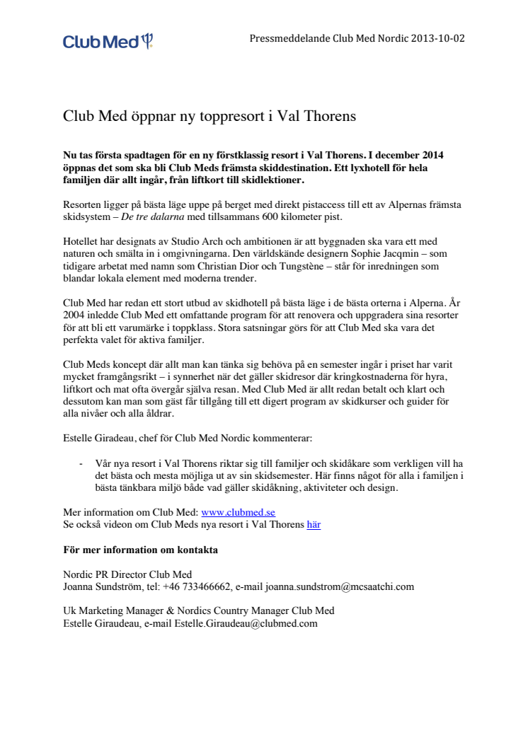 Club Med öppnar ny toppresort i Val Thorens