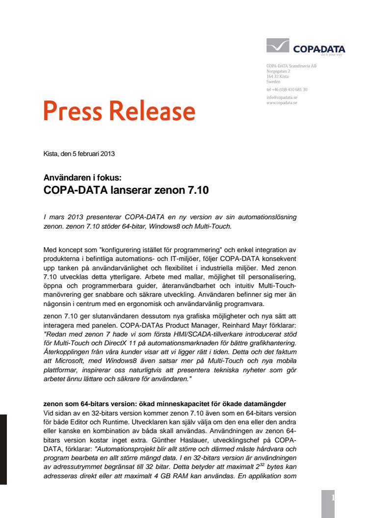 Användaren i fokus:  COPA-DATA lanserar zenon 7.10 HMI/SCADA