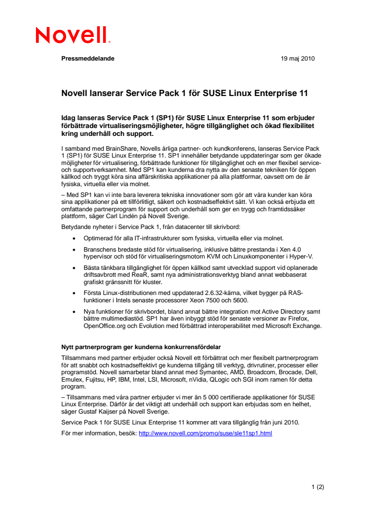 Novell lanserar Service Pack 1 för SUSE Linux Enterprise 11