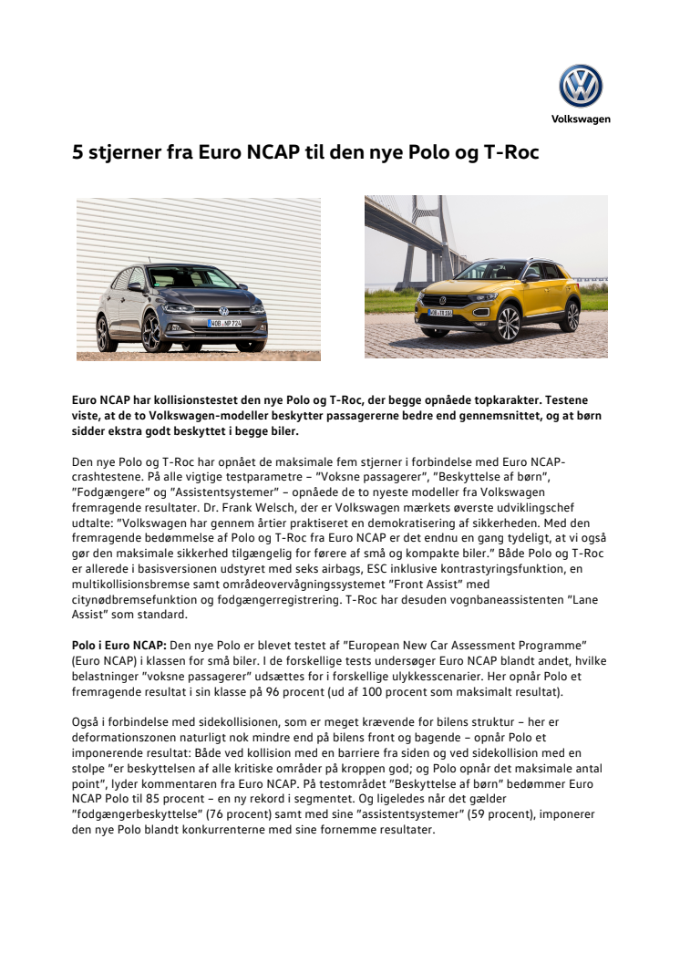 5 stjerner fra Euro NCAP til den nye Polo og T-Roc