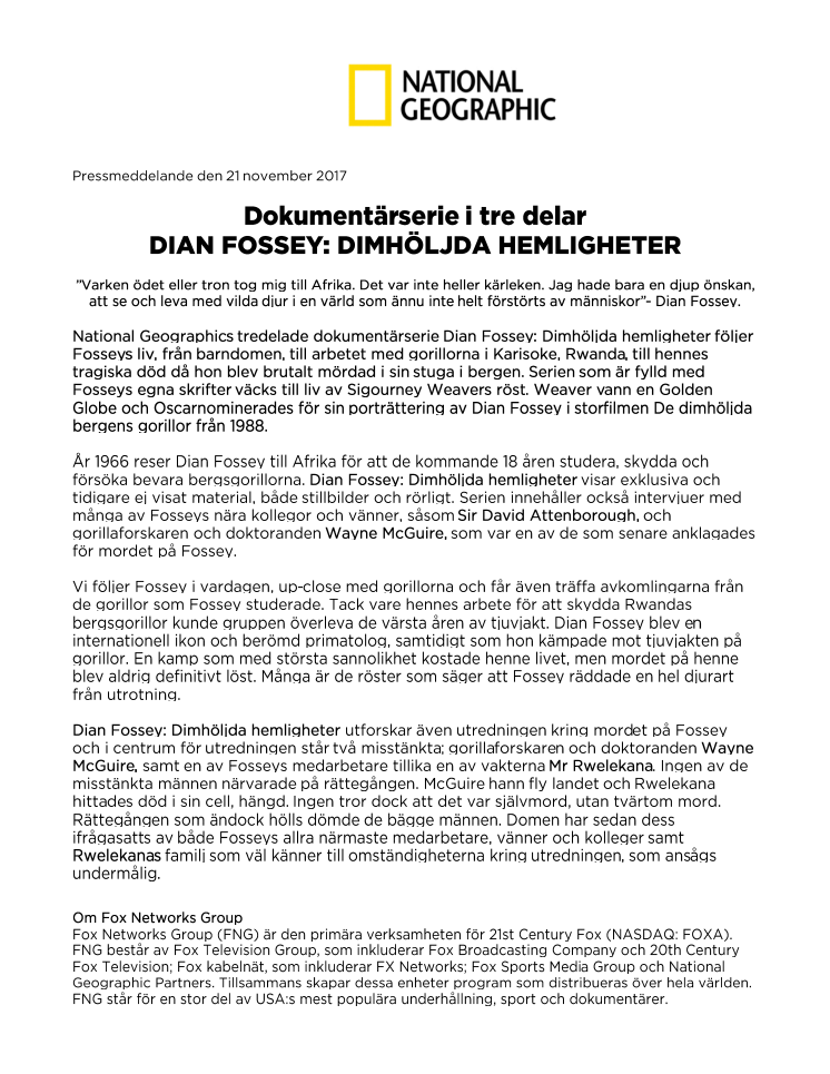 National Geographic visar nyproducerade dokumentärserien Dian Fossey: Dimhöljda hemligheter