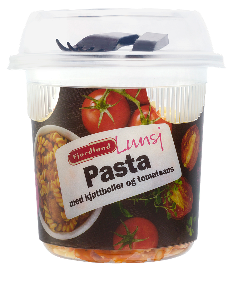 Fjordland Lunsj. Pasta med kjøttboller og tomatsaus.